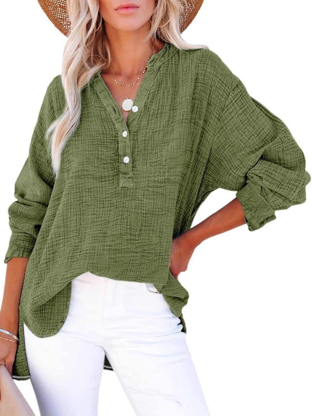 Jena – V-Neck Button Blouse with 3/4 Sleeve Option