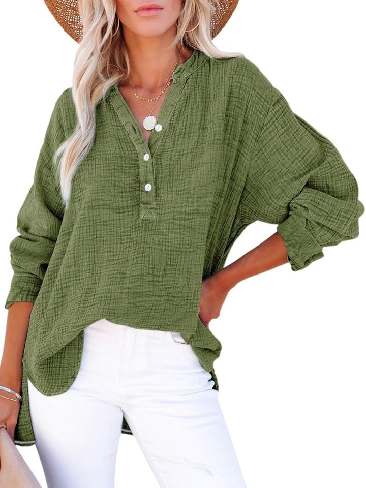 Jena – V-Neck Button Blouse with 3/4 Sleeve Option
