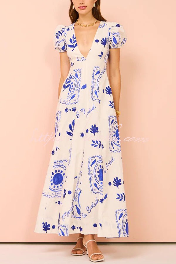 Avermy – Maxi Floral V-Neck Dress with Puff Sleeves