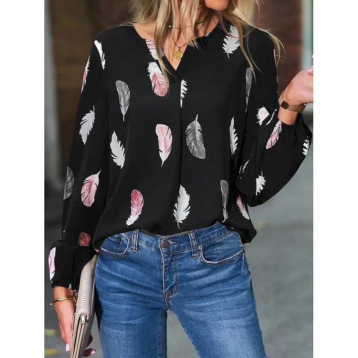 Gracey – Feather Print V-Neck Bell Sleeve Tee