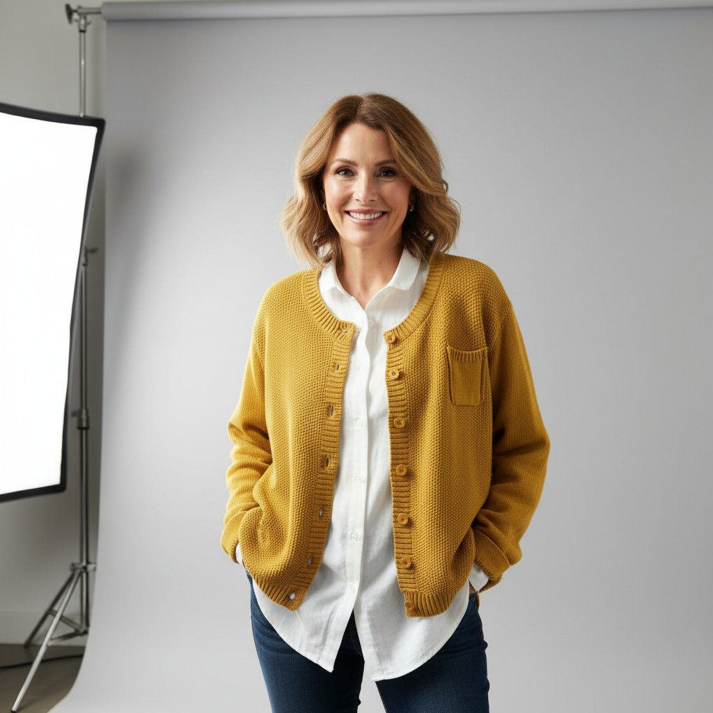Woman in studio wearing mustard knit cardigan over white shirt, hand in pocket, smiling.