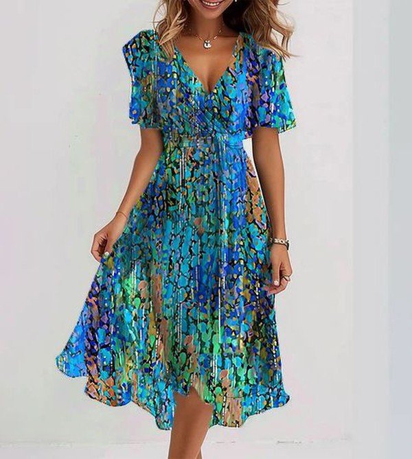Sapphire – Printed V-Neck Midi Dress