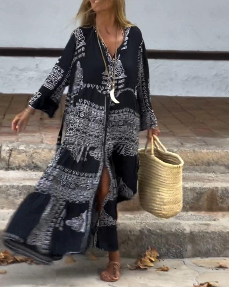 Emy – Printed Maxi Dress with V-Neck &amp; Bell Sleeves