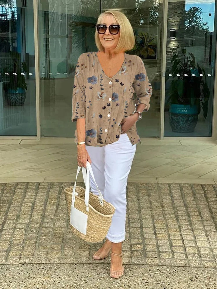 Joanne – Printed Button Tunic V-neck Top
