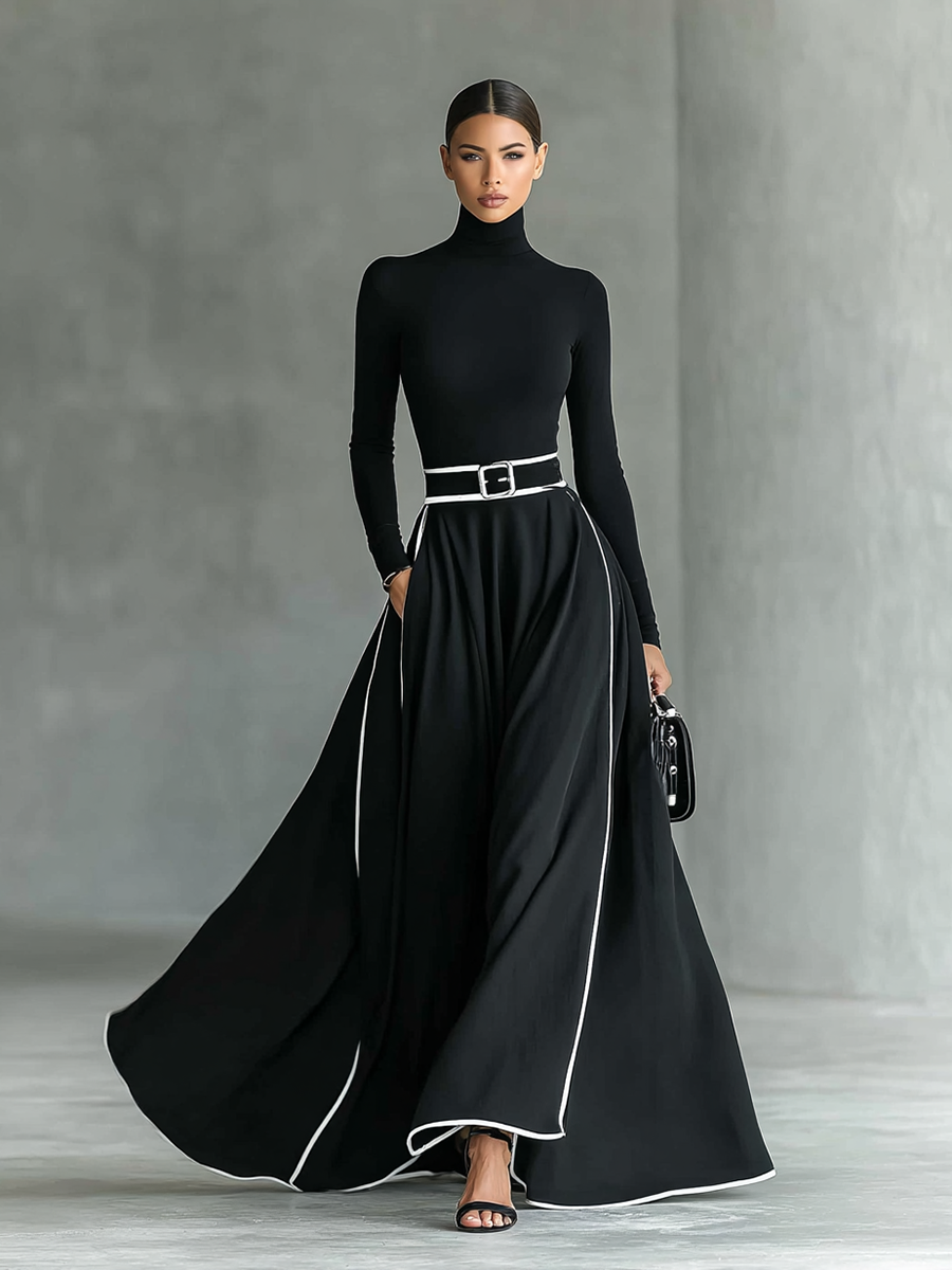 Elegant black long sleeve maxi dress with flowing skirt and white trim, accessorized with a black belt; studio setting.