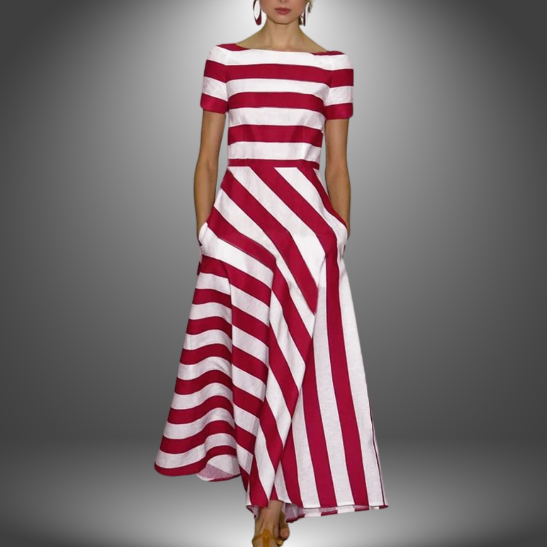 Red and white striped long dress with short sleeves, shown in a studio setting.
