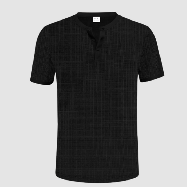 Black short-sleeve shirt in gridline pattern, Henley style neck, showcased in a studio display with white background.