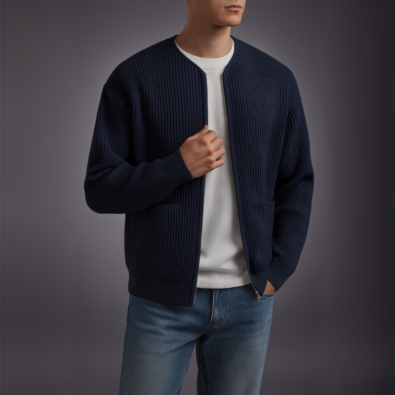 Model wearing a dark blue knit zip cardigan with white shirt and jeans in a studio.