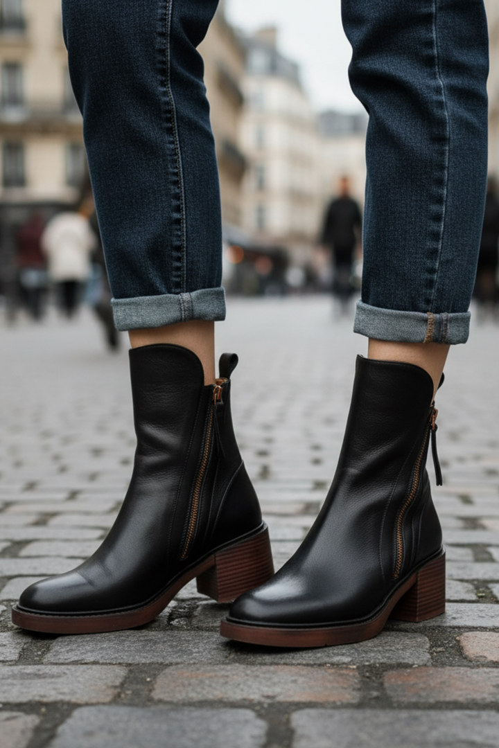 Black leather boots with zippers styled with rolled jeans on a cobblestone street in an urban environment.