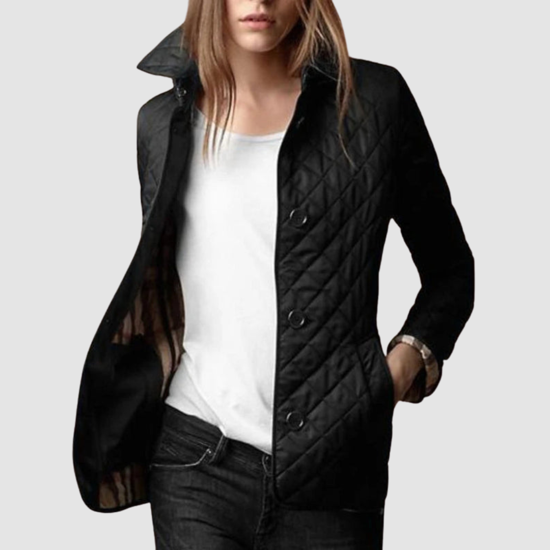 Black quilted jacket with buttons, paired with white top and jeans, worn by model against a light background.