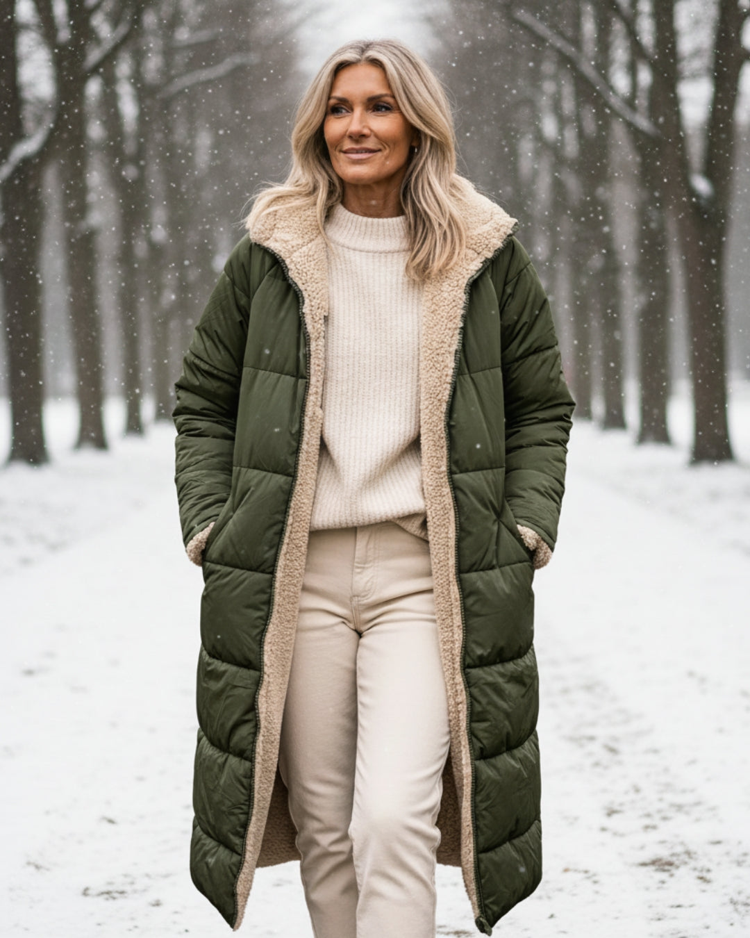 Woman in green winter coat with soft lining, walking in snowy tree-lined path.