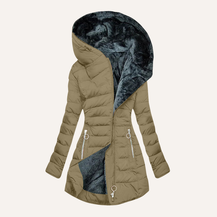 Tan fur-lined down jacket with hood, partially zipped, showcasing interior, studio background.