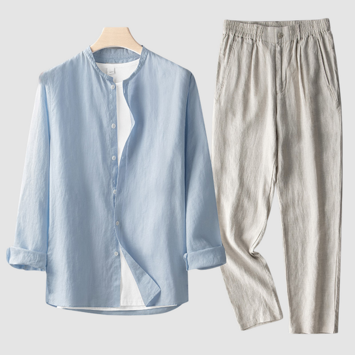 Light blue shirt paired with beige pants on a wooden hanger against a plain background.