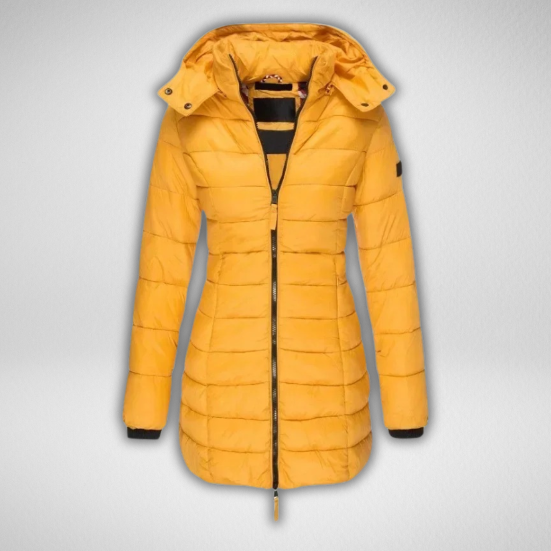 Yellow puffer parka with hood and front zipper, shown in a studio setting.