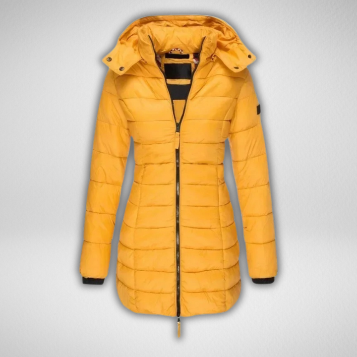 Yellow puffer parka with hood and front zipper, shown in a studio setting.