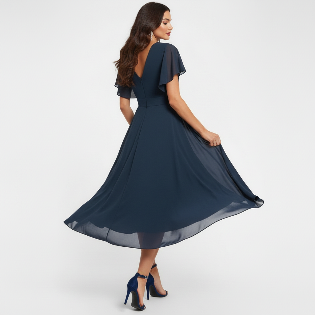 Side view of woman in navy flowing V-neck maxi dress, highlighting flared hem and short sleeves, in a studio setting.