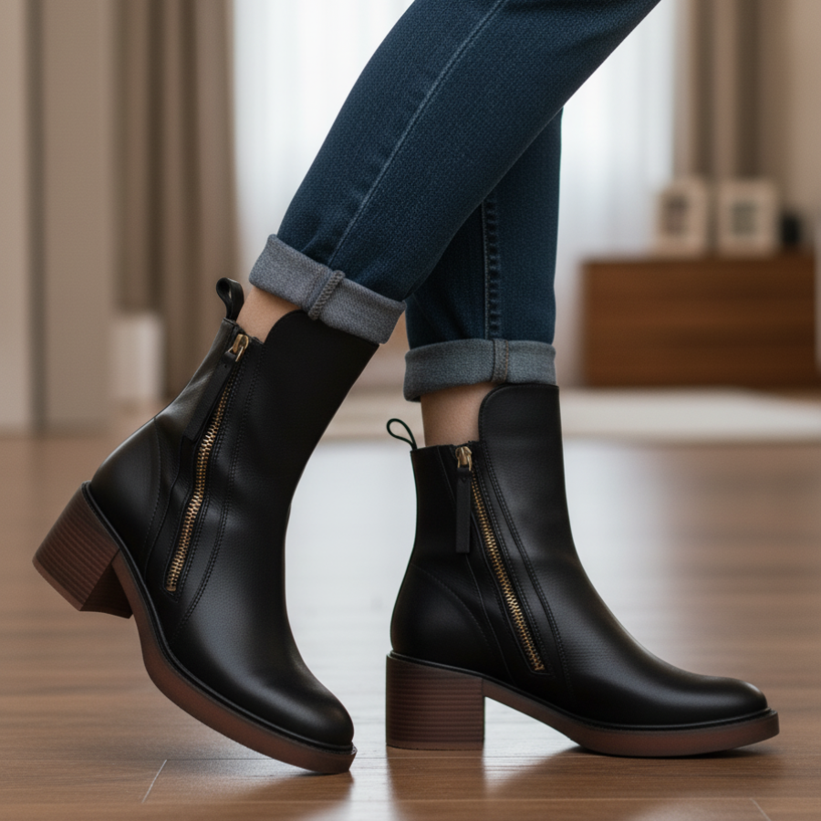 Black leather boots with zippers worn with rolled jeans on a wooden floor in a cozy indoor setting.