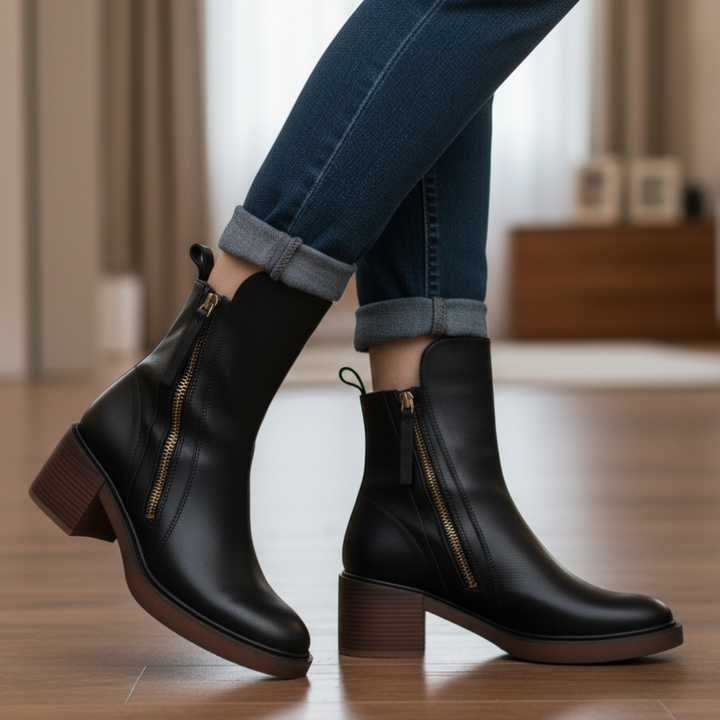 Black leather boots with zippers worn with rolled jeans on a wooden floor in a cozy indoor setting.