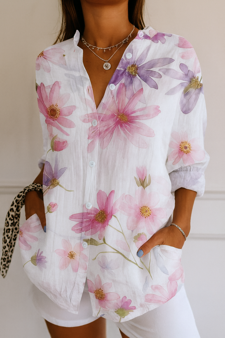 Astra – Colorful Printed Blouse with Gathered Waist