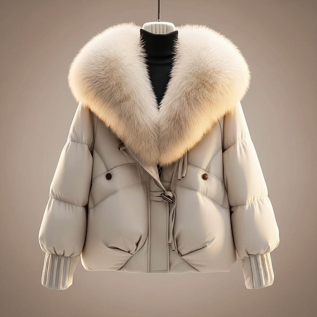 Elegant puffy coat in soft cream with a luxurious, soft white collar in a studio environment.