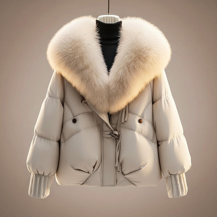Elegant puffy coat in soft cream with a luxurious, soft white collar in a studio environment.