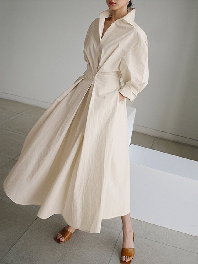 Luni – Lapel Collar Maxi Dress with Swing Skirt
