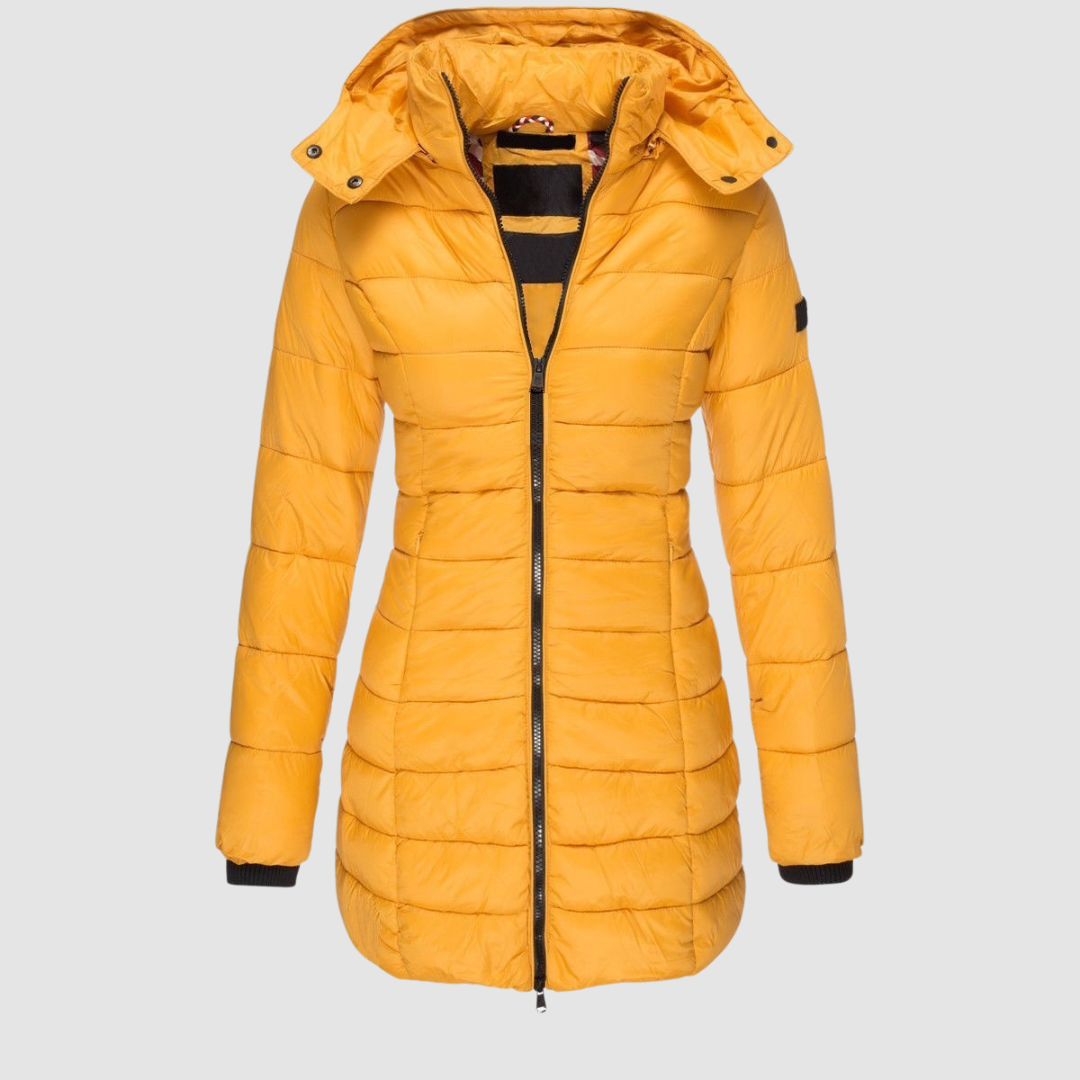 Elegant yellow puffer jacket with a hood, displayed in a studio setting against a light gray background.