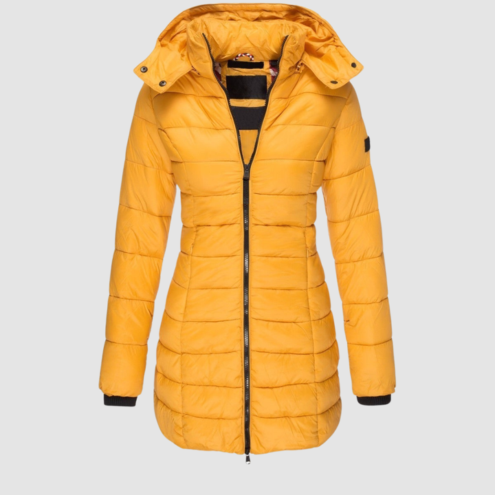 Elegant yellow puffer jacket with a hood, displayed in a studio setting against a light gray background.