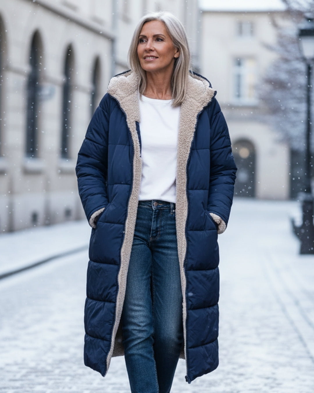 Woman in blue winter coat with fleece lining, walking in a snowy urban setting.