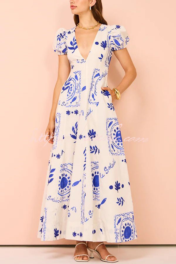 Avermy – Maxi Floral V-Neck Dress with Puff Sleeves