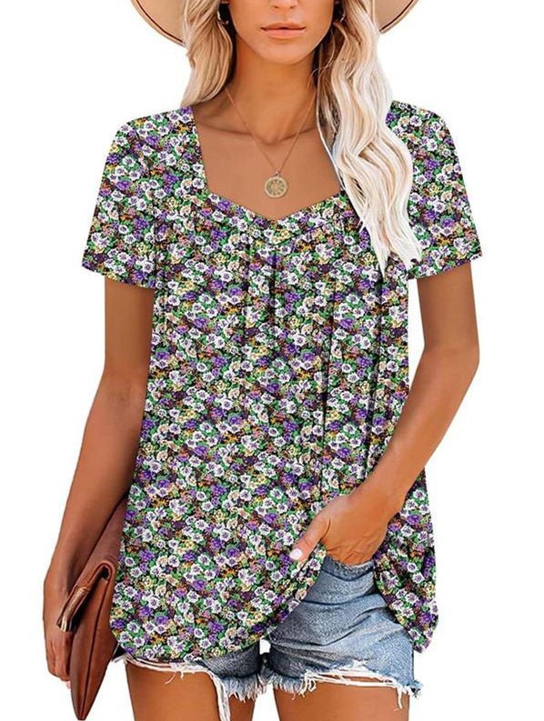 Lory – Pleated Floral Shirt with Curved Hem