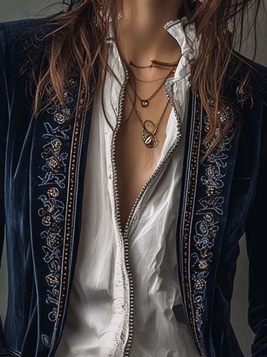 Margaret | Navy Blue Embroidered Longline Jacket