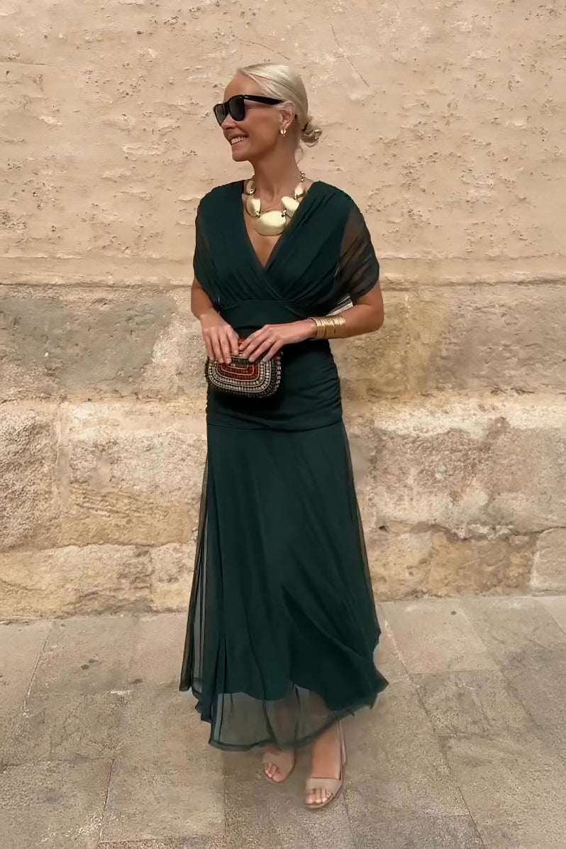 Mela – V-Neck Maxi Dress with Drop Shoulders