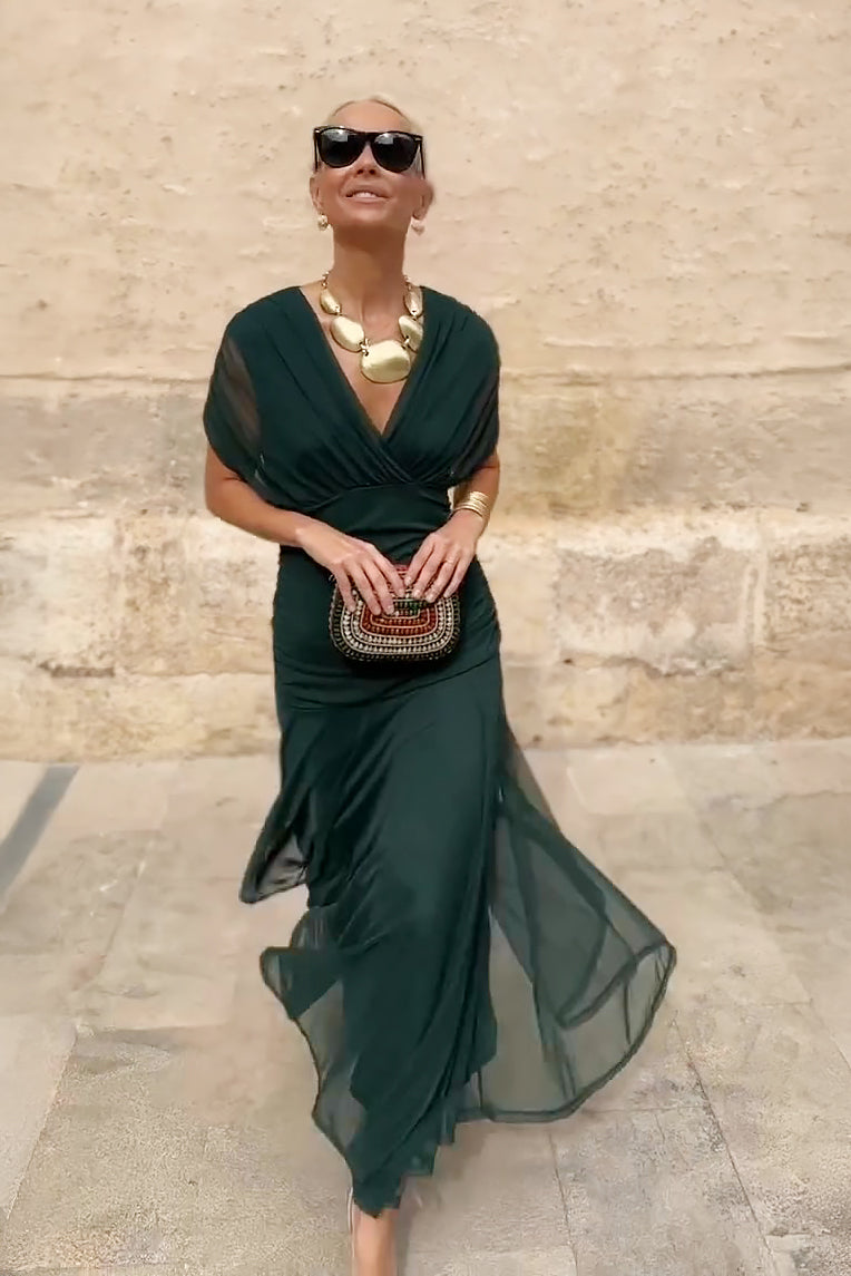 Mela – V-Neck Maxi Dress with Drop Shoulders