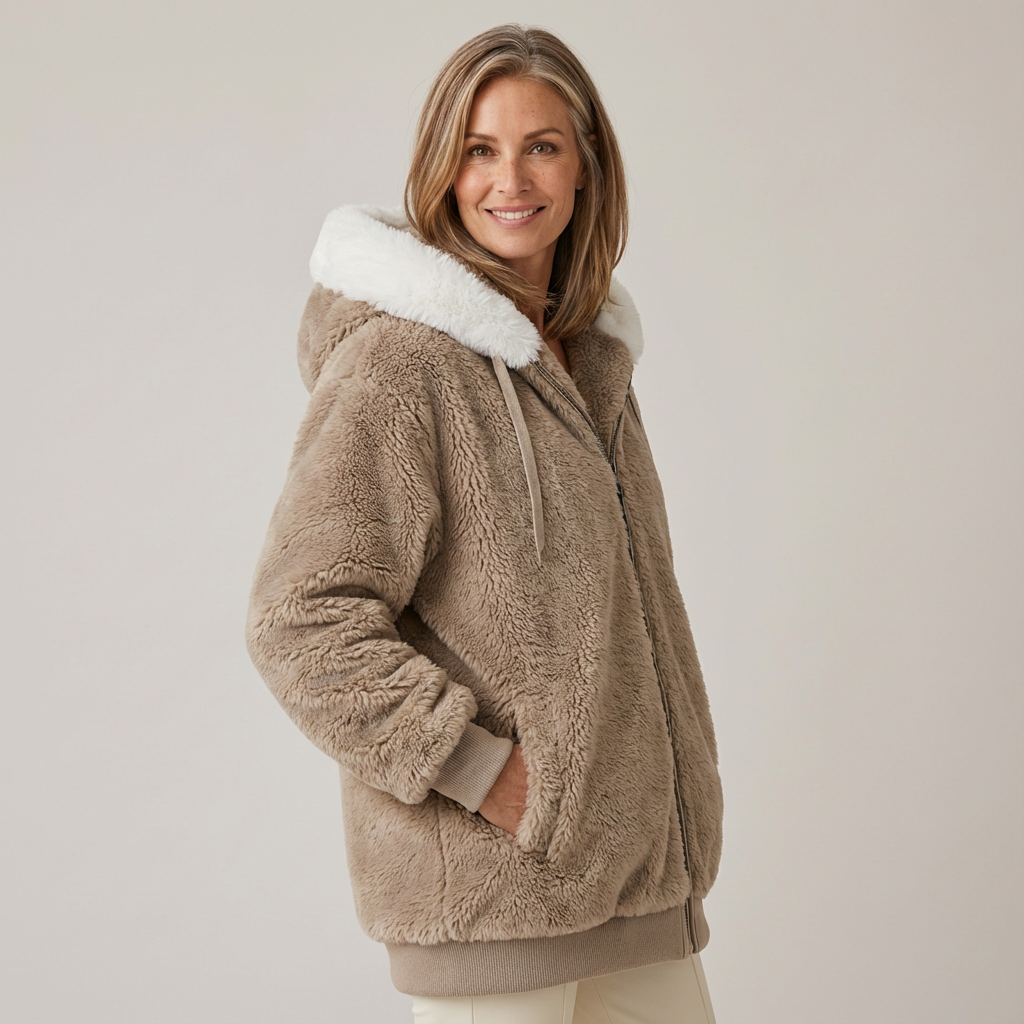 Woman in a cozy, taupe hooded jacket with white faux fur trim, in a studio setting.
