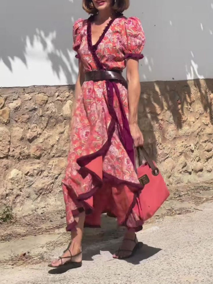 Viana – Floral Maxi Dress with V-Neck &amp; Ruffle Hem