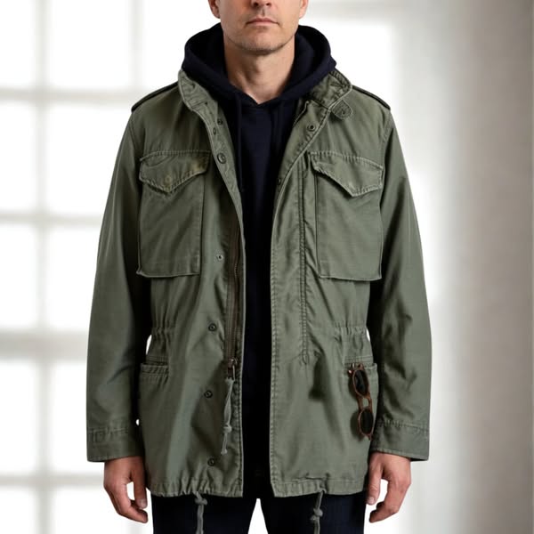 Man wearing olive green field jacket with multiple pockets, over a black hoodie in a bright indoor setting.