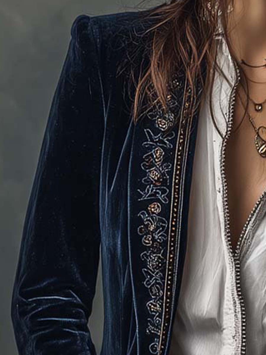 Margaret | Navy Blue Embroidered Longline Jacket