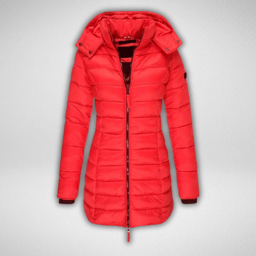 Bright red puffer parka with hood and front zipper, studio environment.