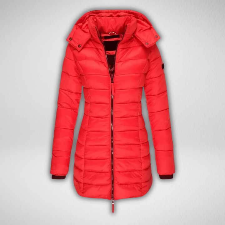 Bright red puffer parka with hood and front zipper, studio environment.