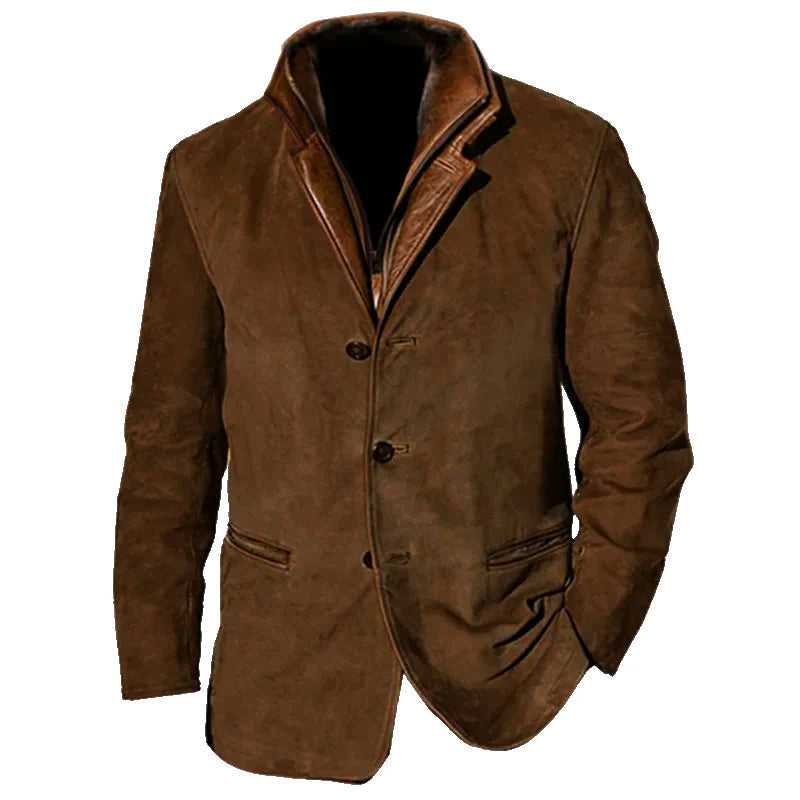 Brown vintage jacket with brown collar, button closure, and front pockets on white background.