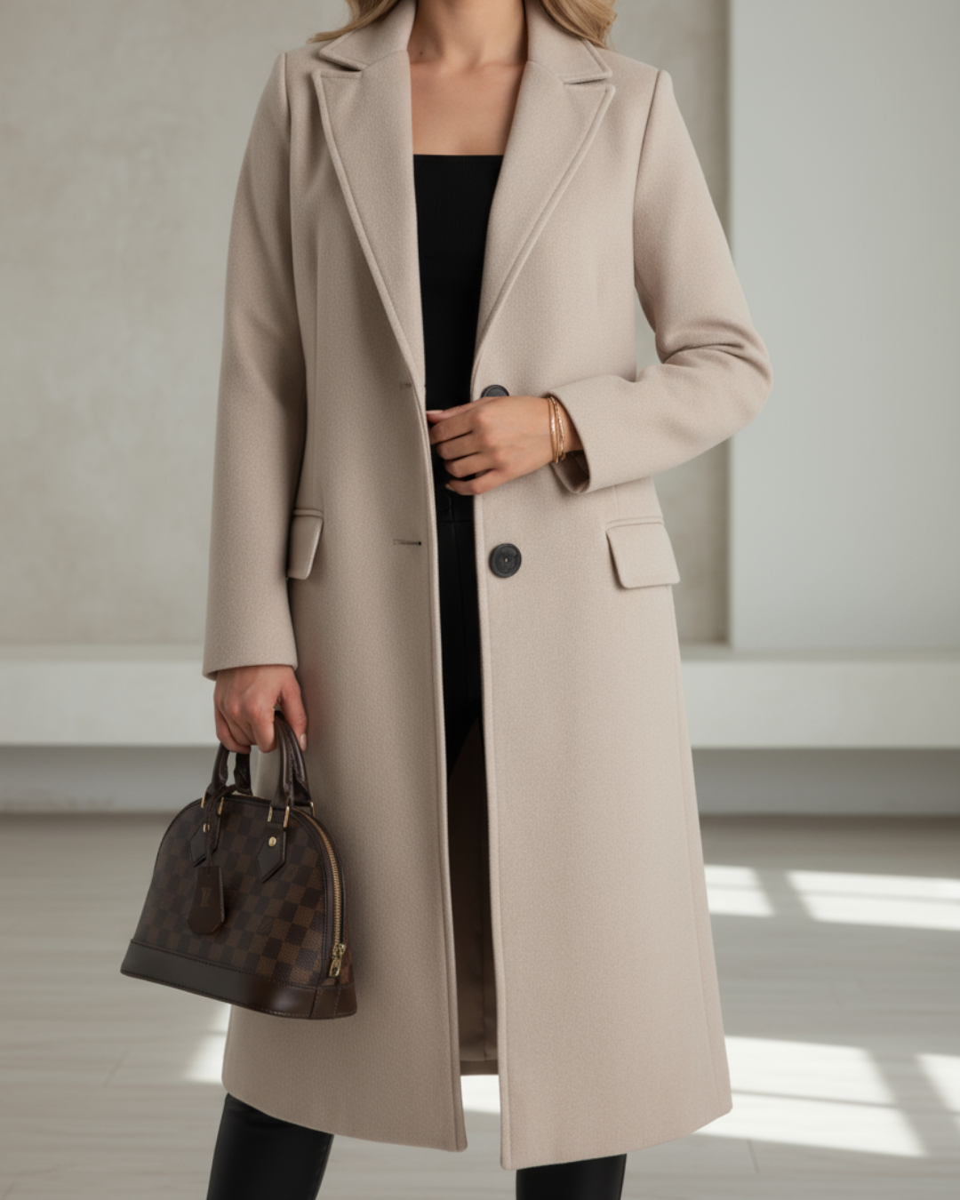 Beige long coat with button details, worn over black clothes, holding a patterned handbag in a contemporary indoor space.