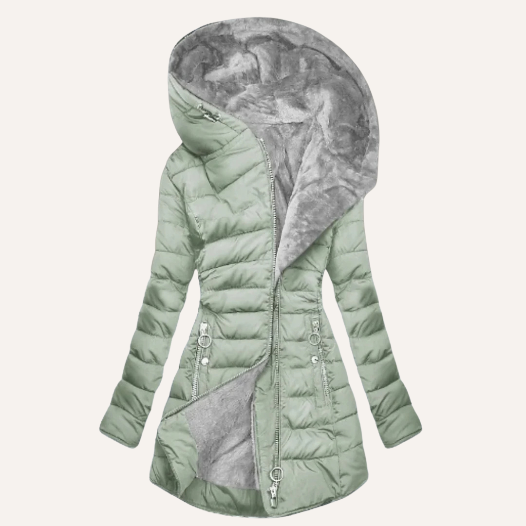 Light sage fur-lined down jacket with hood, partially zipped, displaying lining, studio setting.