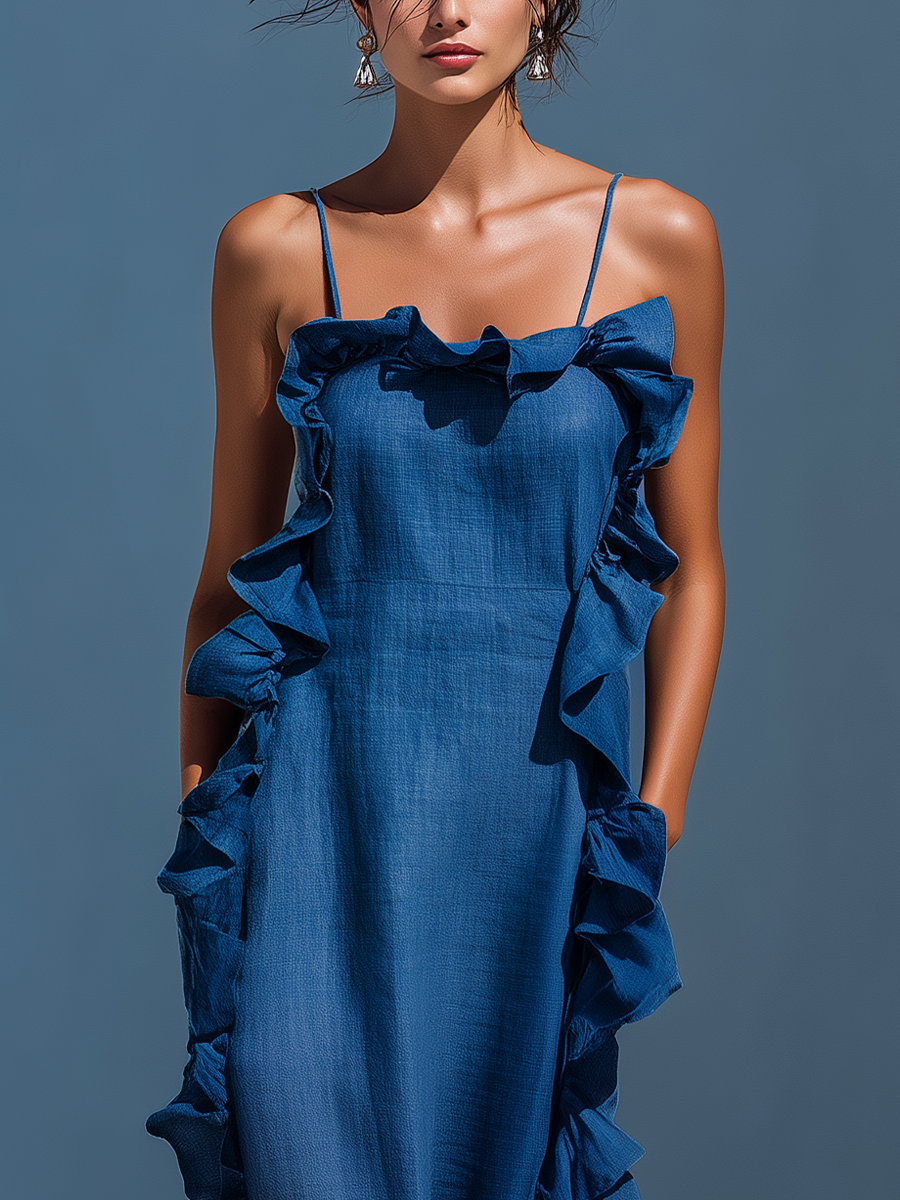 Close-up of blue maxi dress highlighting ruffle details and thin straps, set against a solid blue backdrop.