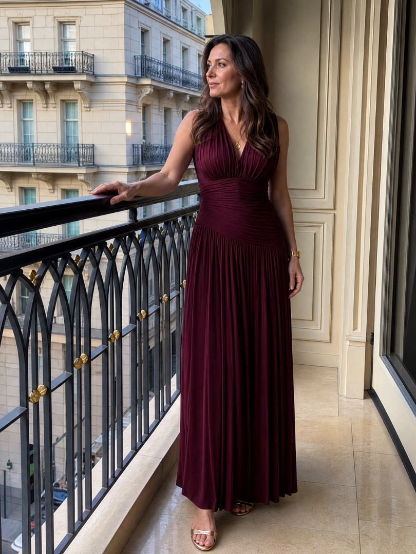 Lemar™ Sleeveless Pleated V Neck Midi Dress