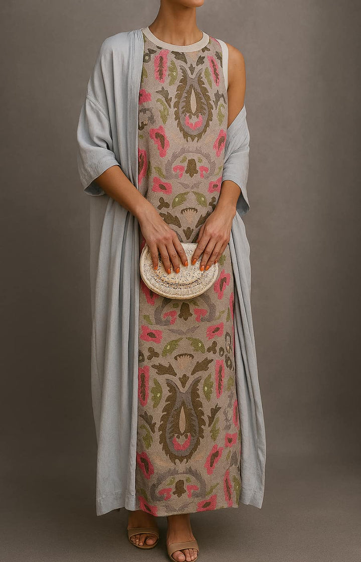 Model in a patterned dress with a light blue shawl, holding a round clutch, set in a studio environment.