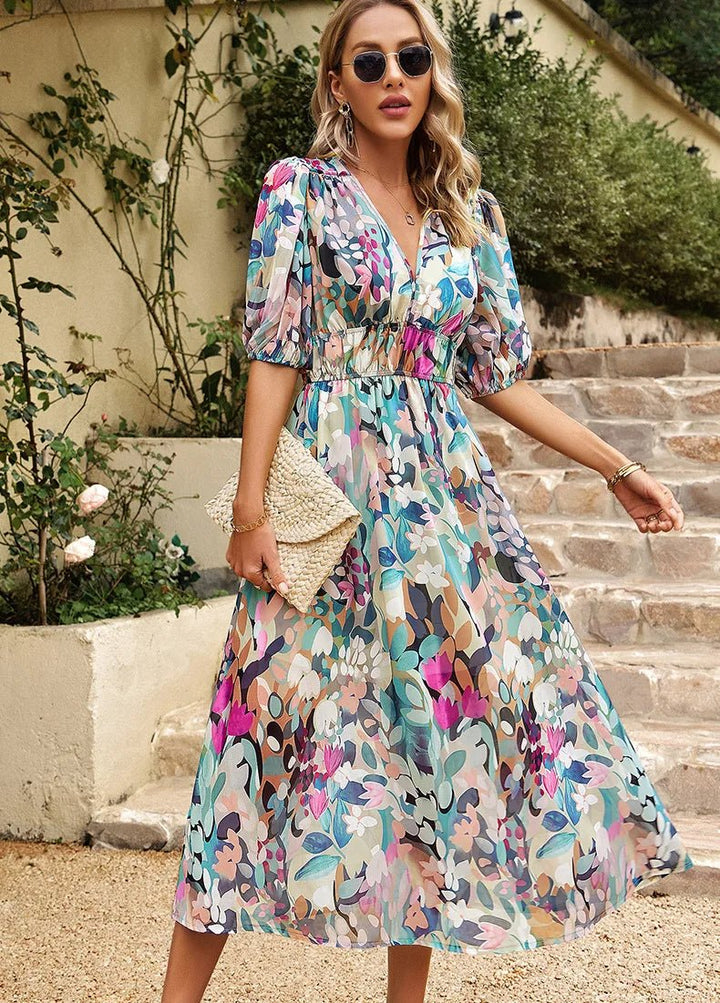 Allison – Floral Midi Dress with V-Neck