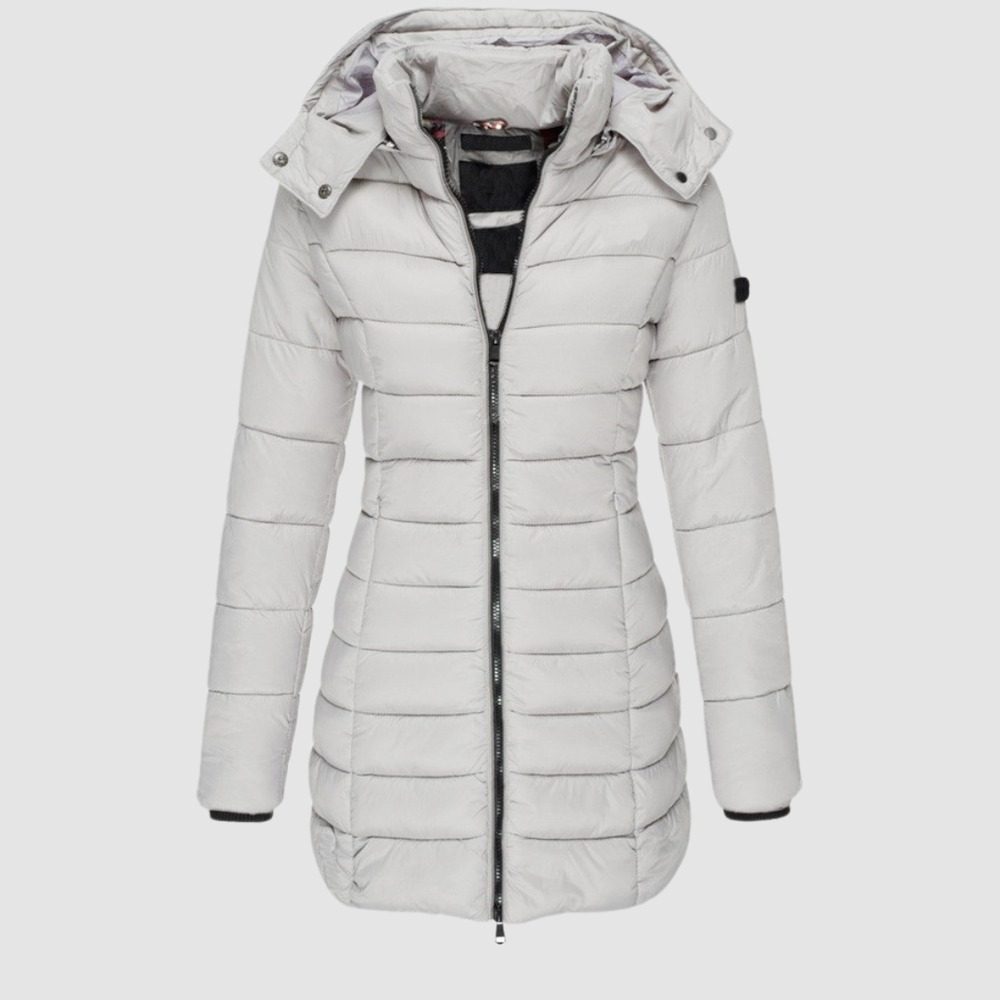 Elegant light gray puffer jacket with a hood, displayed in a studio setting against a light gray background.
