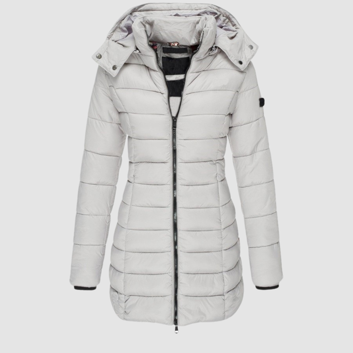 Elegant light gray puffer jacket with a hood, displayed in a studio setting against a light gray background.