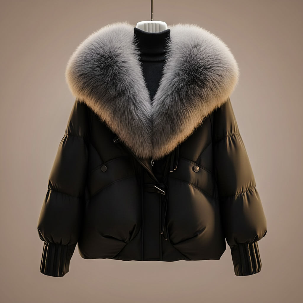 Elegant puffy coat in deep black with a plush, soft gray collar in a studio setting.